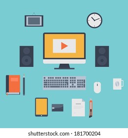 Modern flat icons vector collection, web design objects, business, finance, office and marketing items.