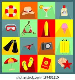 Modern flat icons vector collection with long shadow effect in stylish colors of traveling