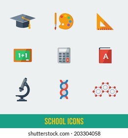 Modern flat icons vector collection. High school object and college education items with teaching and learning symbols. Studying and educational elements. Chalkboard, hat, paintbrush with palette.