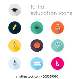 Modern flat icons vector collection with long shadow effect in stylish colors of education  theme. Isolated on white background.