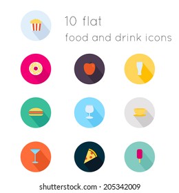 Modern flat icons vector collection with long shadow effect in stylish colors of food and drink theme. Isolated on white background.