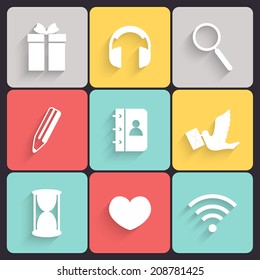 Modern flat icons vector collection with  shadow effect in stylish colors of web design objects, business, office and marketing items. 