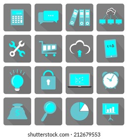 Modern flat icons vector collection with long shadow effect in stylish colors of business elements, office equipment and marketing items.