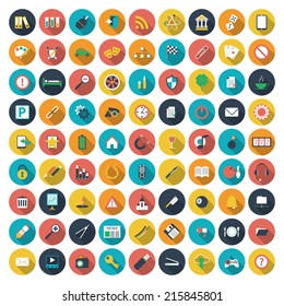 Modern flat icons vector collection with long shadow effect in stylish colors of web design objects, business, office and marketing items. Vector illustration