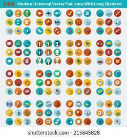 Modern flat icons vector collection with long shadow effect in stylish colors of web design objects, business, office and marketing items. Vector illustration