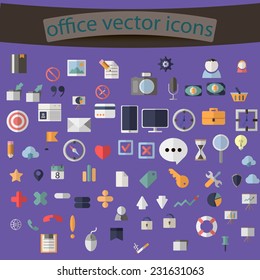 Modern flat icons vector collection with shadow effect in stylish colors of business elements, office equipment and marketing items. Isolated on purple background.