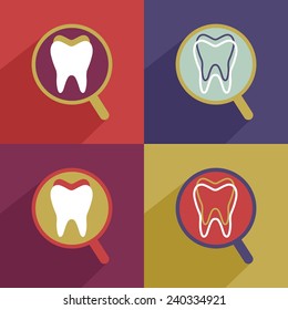 Modern flat icons vector collection with long shadow effect in stylish colors on the subject of dentistry.