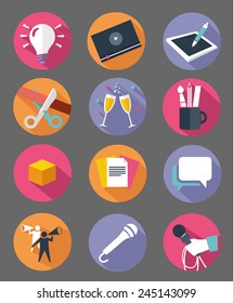 Modern flat icons vector collection with long shadow effect in stylish colors of web design objects, business, events, office and marketing items