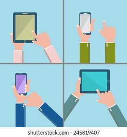 Moderna colección vectorial de iconos planos en elegantes colores retro de teléfono móvil y tableta digital con símbolo de pantalla táctil a mano. Aislado sobre fondo blanco.