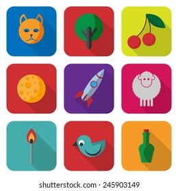 Modern flat icons vector collection with long shadow effect in stylish colors of various objects, animals, bird, plant.  Isolated on white background.