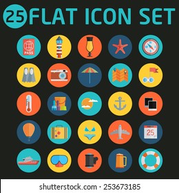 Modern flat icons vector collection in stylish colors of traveling, tourism and vacation theme. 