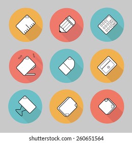 Modern flat icons vector collection with long shadow effect in stylish colors of business elements, office equipment and marketing items. 