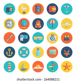 Modern flat icons vector collection in stylish colors of traveling, tourism and vacation theme