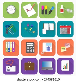 Modern flat icons vector collection with long shadow effect in stylish colors of web design objects, business, office and marketing items. 