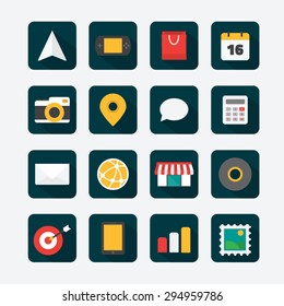 Modern flat icons vector collection with long shadow effect in stylish colors of traveling, tourism and vacation theme. Isolated on white background.