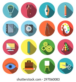 Modern flat icons vector collection with long shadow effect in stylish colors of design objects, art, Isolated on white background.