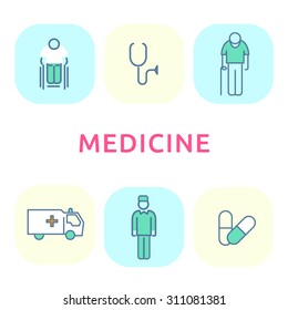 Modern flat icons vector collection in stylish colors of medical items, gerontology, health care and pharmacy objects. Infographic icon set, logo abstract design pictogram vector concept