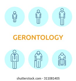Modern Flat Icons Vector Collection Of Gerontology Items, Icon Showing Different Human Age, From Little Child To Old Man. Infographic Icon Set, Logo Abstract Design Pictogram Vector Concept.