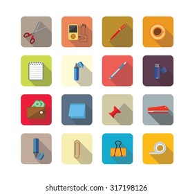 Modern flat icons vector collection with long shadow effect in stylish colors of web design objects, business, office items. Isolated on white background. Scissors, player, pen, coffee, notebook, tape