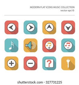 Modern flat icons vector collection with long shadow effect in stylish colors of  music items. Isolated on white background.