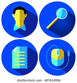 Modern flat icons vector collection with long shadow effect in stylish colors of web design objects, business, office and marketing items. Isolated on white background.