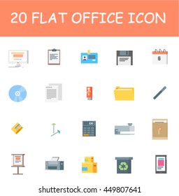 Modern flat icons vector collection in stylish colors of business elements, office equipment and marketing items. Isolated on white background.