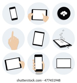 Modern flat icons vector collection of mobile phone and digital tablet using with hand touching screen symbol. Isolated on white background.