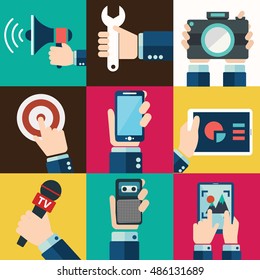 Modern flat icons vector collection in stylish retro colors of mobile phone, digital tablet and other devices using with hand symbol. Isolated on white background.