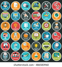Modern flat icons vector collection with long shadow effect in stylish colors of web design objects, business, office and marketing items.
