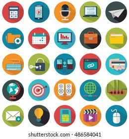 Modern flat icons vector collection with long shadow effect in stylish colors of web design objects, business, office and marketing items.