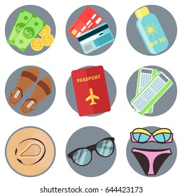 Modern flat icons vector collection in stylish colors. Traveling, tourism and summer vacation theme. 9 objects.