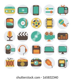 Modern flat icons vector illustration collection in stylish colors of multimedia symbols, sound instruments, audio and video items and objects. Isolated on white background.