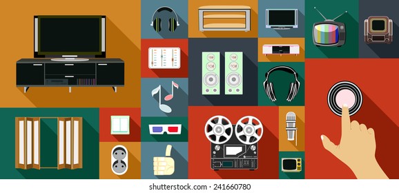 Modern flat icons vector illustration collection with long shadow design in stylish colors of multimedia symbols, audio and video items and objects.