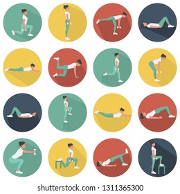 Modern flat icons vector set with long shadow effect in stylish colors of glute exercises and workouts. Circle vector icons of glute exercises