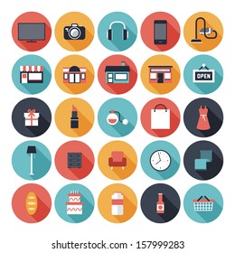 Modern flat icons vector set with long shadow effect in stylish colors of shopping objects and items.  Isolated on white background. 