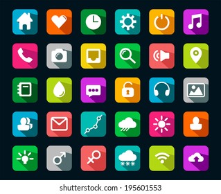 Modern flat icons vector set with long shadow effect in stylish colors of web design objects, business, office and marketing items. Isolated on black background. 