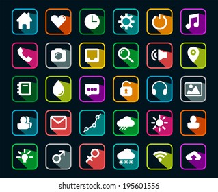 Modern flat icons vector set with long shadow effect in stylish colors of web design objects, business, office and marketing items. Isolated on black background. 