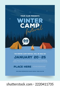 Modern flat illustrated winter camping vertical poster. winter camp social media posts. Flat winter camping flyer or brochure template