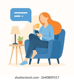 Modern Flat Illustrated Woman Reading Phone and Drinking Coffee Illustration Scene