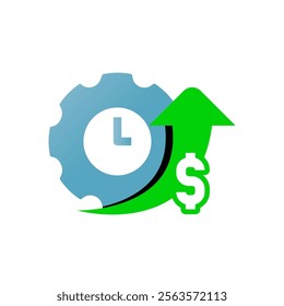 Modern flat illustrating efficiency and performance optimization. gear with a clock and an upward arrow, enhanced productivity, streamlined processes, cost optimization or time management themes