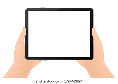 Modern flat illustration with black empty tablet hands on white background. Digital technology. Modern flat illustration. Web design.