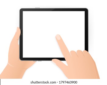 Modern flat illustration with black empty tablet hands on white background. Digital technology. Modern flat illustration. Web design.