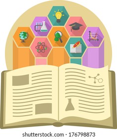 Modern flat illustration of a book as the source of knowledge with different educational symbols