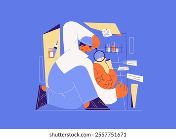 Modern flat illustration of a Cardiologist analyzing a Heart with medical tools and lab equipment in the background. Ideal for Healthcare, medical research, or educational content
