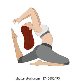 Modern flat illustration in cartoon style with female character doing yoga pose on white background. Fitness workout design concept for poster or banner.  