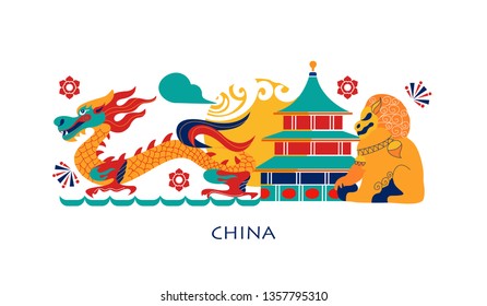 Modern flat illustration with China for tourist booklet design. Sights Of China. Chinese dragon. Flat design, vector illustration. Architectural element. Symbol of travel.