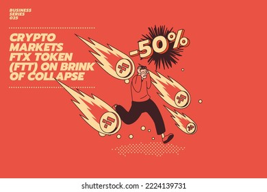 Modern flat illustration concept. An afraid businessman running away and scared of meteorite. Crypto markets crash. FTX FTT Token Down -50%