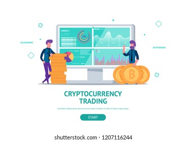 Modern flat illustration concept for cryptocurrency trading finance or business web page landing with little people leaned on stack of coins. trade statistic on screen.