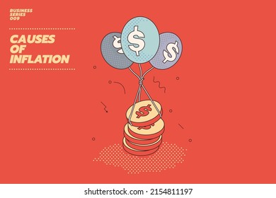 Modern and flat illustration concept of money inflation. $ symbol or Dollar coins raised up by balloons. 