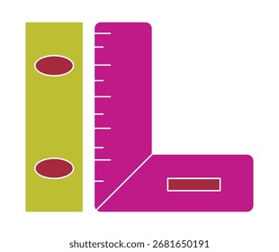 A modern flat illustration of construction measurement tools: a try square and a spirit level. A colorful graphic for carpentry and precision work. Isolated on a white background.
